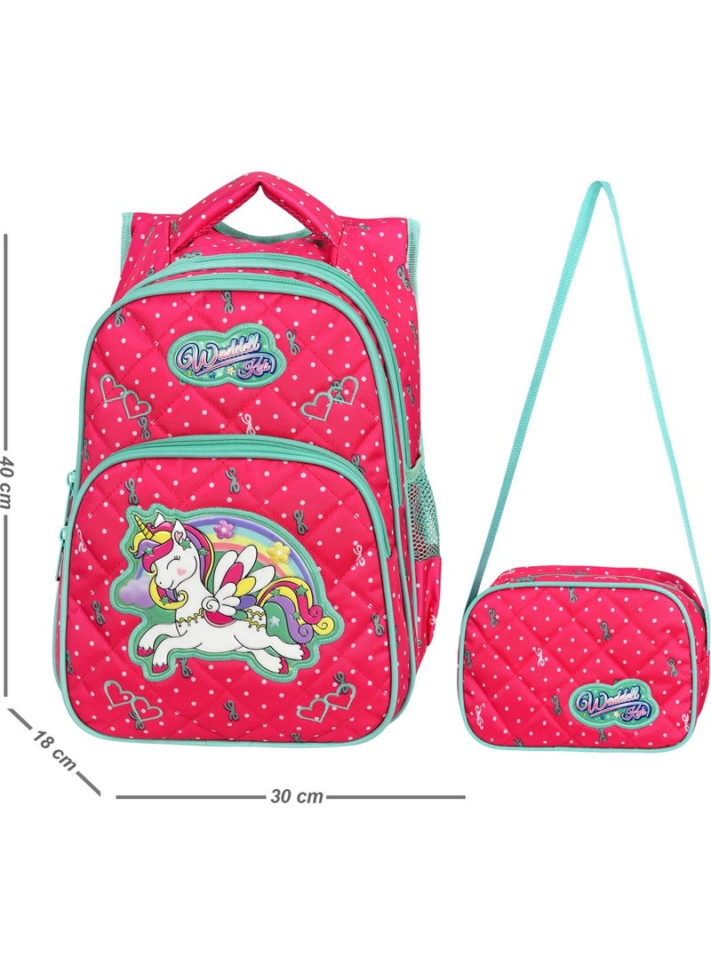Waddell - حقيبة ظهر وخLunch Bag للمدرسة الابتدائية بنمط يونيكورن زهري مرخصة - Image 1