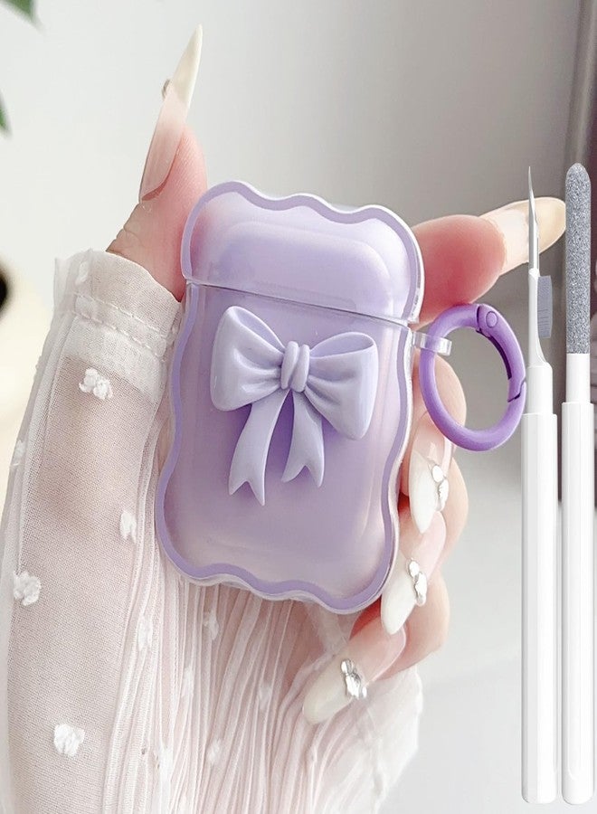 جراب شفاف لطيف لسماعات AirPods من الجيل الثاني/الأول، بتصميم فيونكة ثلاثية الأبعاد أنيقة، مصنوع من مادة TPU الناعمة، مقاوم للصدمات، غطاء أنيق لسماعات Apple iPod من الجيل الثاني/الأول، مع طقم تنظيف وسلسلة مفاتيح - فيونكة بنفسجية - Image 1