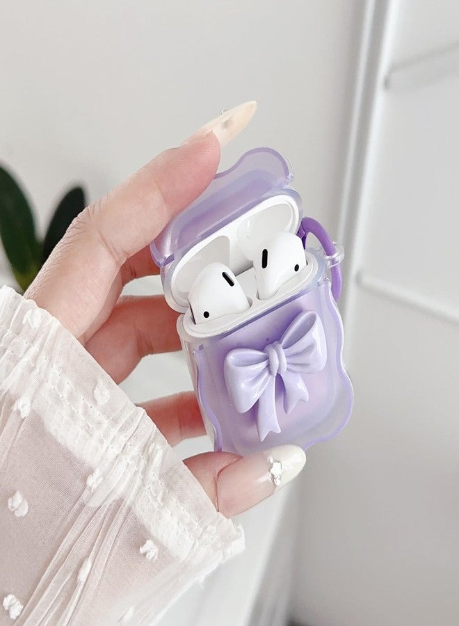 جراب شفاف لطيف لسماعات AirPods من الجيل الثاني/الأول، بتصميم فيونكة ثلاثية الأبعاد أنيقة، مصنوع من مادة TPU الناعمة، مقاوم للصدمات، غطاء أنيق لسماعات Apple iPod من الجيل الثاني/الأول، مع طقم تنظيف وسلسلة مفاتيح - فيونكة بنفسجية - Image 2