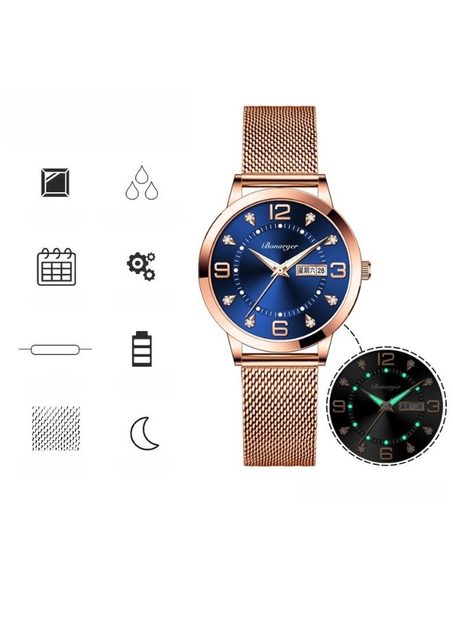 BONARGER Women's Premium Waterproof Luminous Quartz Watch with a Mesh Strap - Image 2