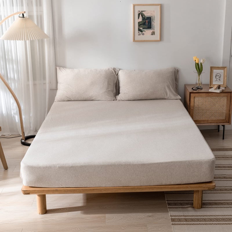DONEUS Jersey Knit Cotton Fitted Sheet 3 Piece  Ultra Soft Wrinkle Free and Breathable 15 Inches Deep Pocket Elastic Sheets with 2 Pillowcases Solid Beige Queen Size