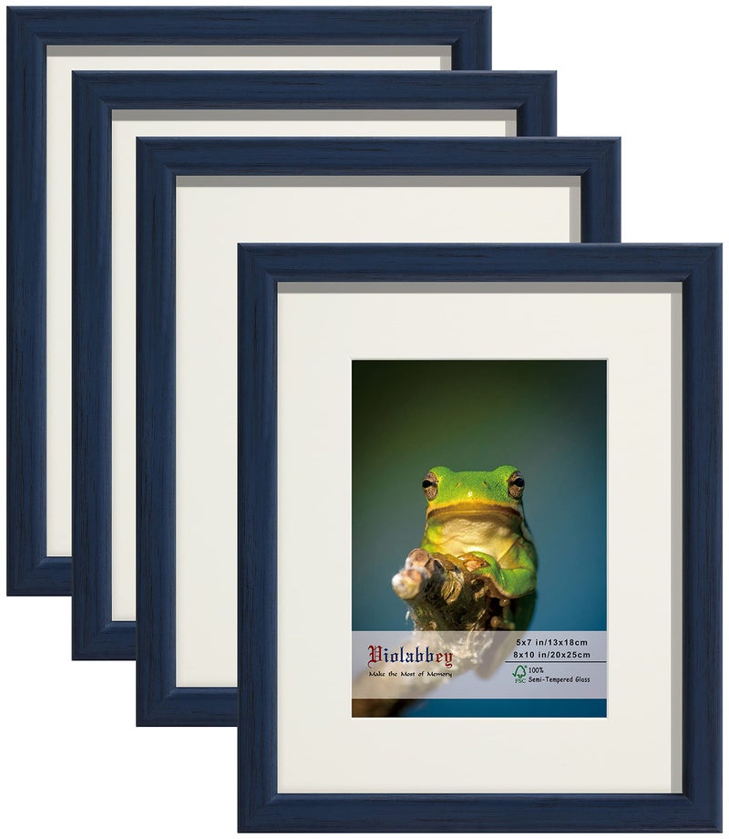 VIOLABBEY 8x10 Picture Frames Set of 4 Fits 5x7 Photo Frame with Ivory Mat or 8x10 Without Mat Wall or Tabletop Display Semi Tempered Glass Blue