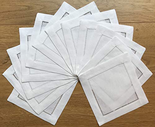 Minhcraft White Linen Cocktail Napkin 6"x6"-A Dozen Cloth Napkin Coasters-Ladder Hemstitch 100% Linen Beverage Party Napkin Coasters - Image 2