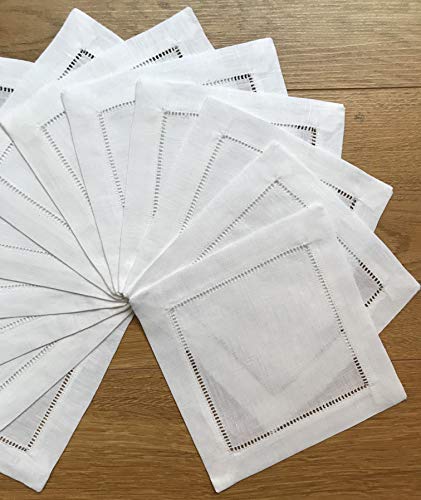 Minhcraft White Linen Cocktail Napkin 6"x6"-A Dozen Cloth Napkin Coasters-Ladder Hemstitch 100% Linen Beverage Party Napkin Coasters - Image 3