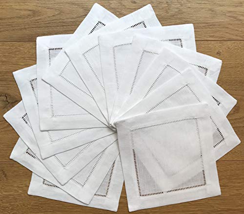Minhcraft White Linen Cocktail Napkin 6"x6"-A Dozen Cloth Napkin Coasters-Ladder Hemstitch 100% Linen Beverage Party Napkin Coasters - Image 1
