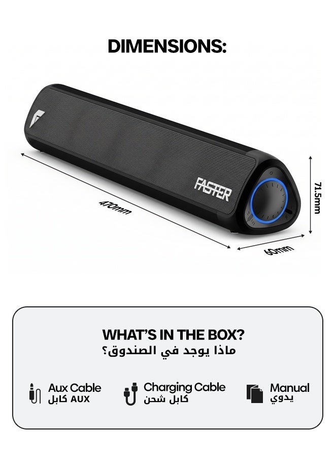 Faster Z10 Portable Bluetooth Soundbar Speaker - 20W Loud Stereo Sound with Subwoofer, Bluetooth 5.3, 5000mAh Battery for 10+ Hour Playtime - Wireless Computer Speaker for PC, Laptop, TV & Mobile - Mini Home Theater with LED Ring Light, USB Drive, Micro SD Card, AUX & FM Radio - Image 3