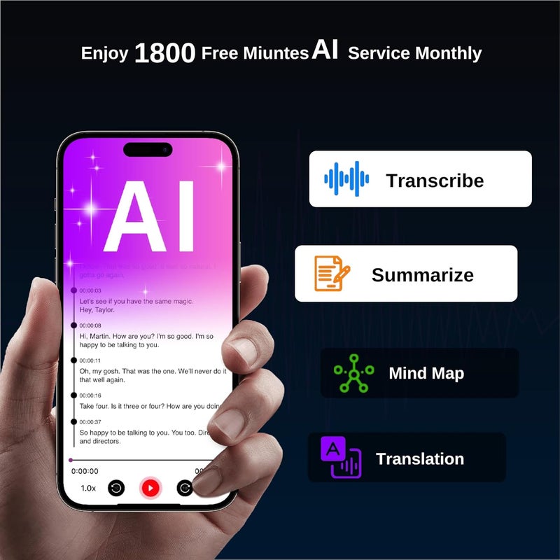 فوكيس تسجيل مسجل صوت FoCase Note AI، نسخ وتلخيص وترجمة بالذكاء الاصطناعي، تحكم عبر التطبيق، سعة تخزين 64 جيجابايت، دعم 112 لغة، مسجل ملاحظات مغناطيسي فائق النحافة للمكالمات والمحاضرات والاجتماعات - Image 3
