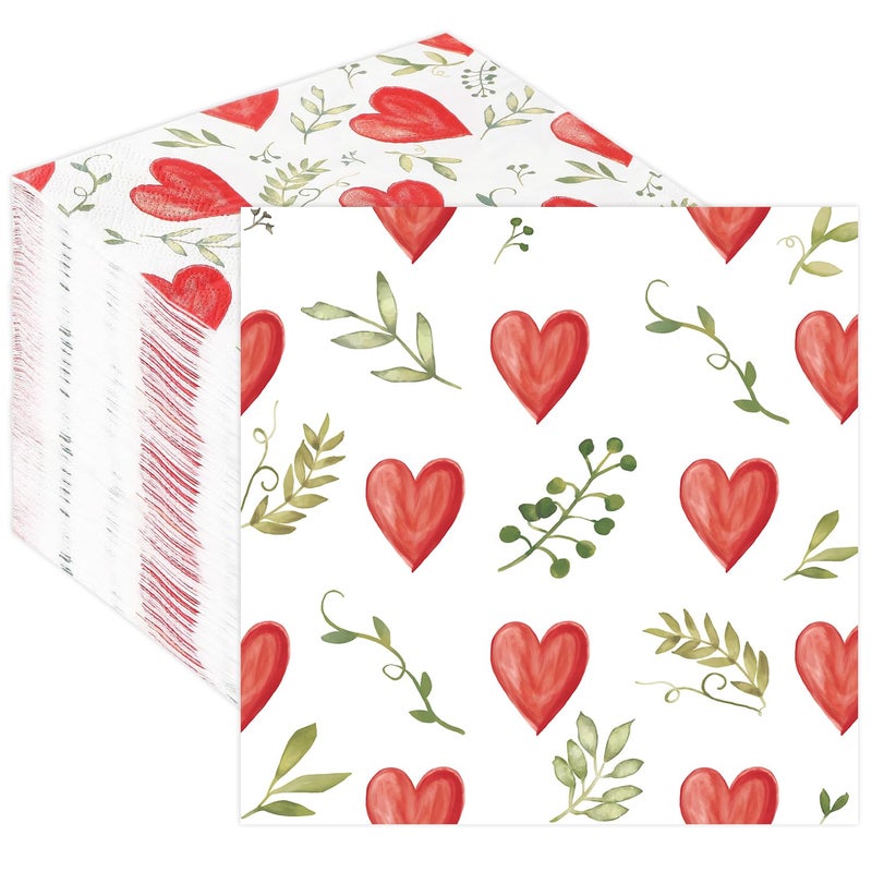 Quera 50 Pack Valentine'S Day Watercolor Heart Green Leaves Cocktail Beverage Paper Napkins Disposable Paper Hearts Dessert Napkin for Spring Wedding Dinner Supplies Tableware Decor (6.5 x 6.5'') - Image 1