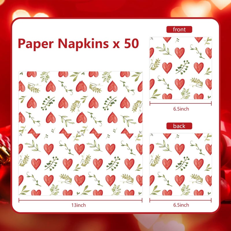 Quera 50 Pack Valentine'S Day Watercolor Heart Green Leaves Cocktail Beverage Paper Napkins Disposable Paper Hearts Dessert Napkin for Spring Wedding Dinner Supplies Tableware Decor (6.5 x 6.5'') - Image 2