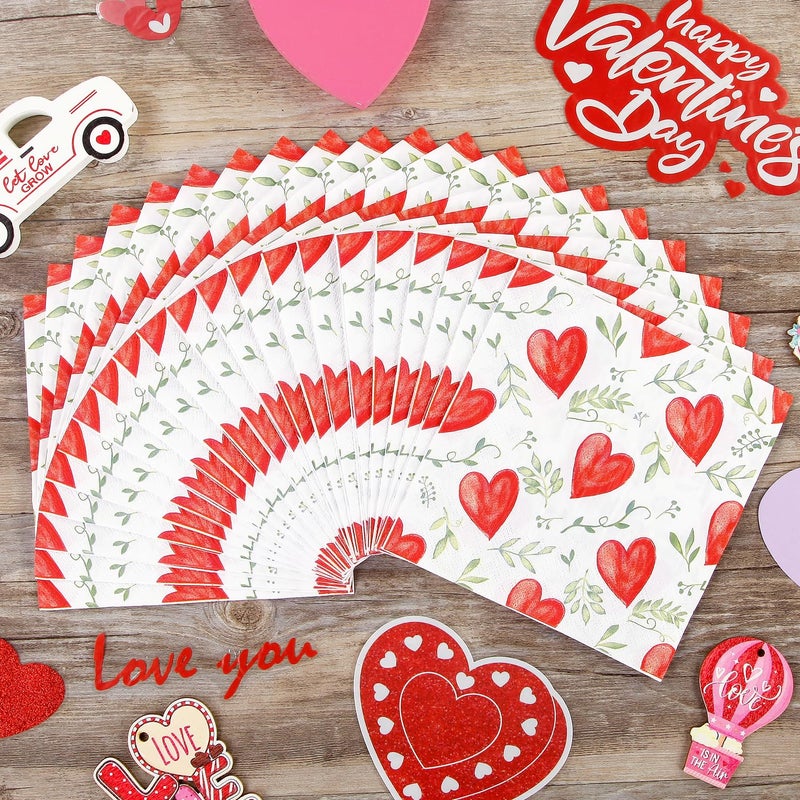 Quera 50 Pack Valentine'S Day Watercolor Heart Green Leaves Cocktail Beverage Paper Napkins Disposable Paper Hearts Dessert Napkin for Spring Wedding Dinner Supplies Tableware Decor (6.5 x 6.5'') - Image 3