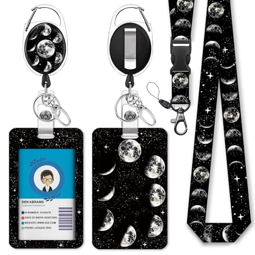 GIANCOMICS Moon Planet Teacher Lanyards for Id Badges and Keys, Retractable ID Badge Holder with Detachable Lanyard, Fashionable Badge Reel Heavy Duty with Carabiner Clip, Nurse Student Office Gifts - Image 1