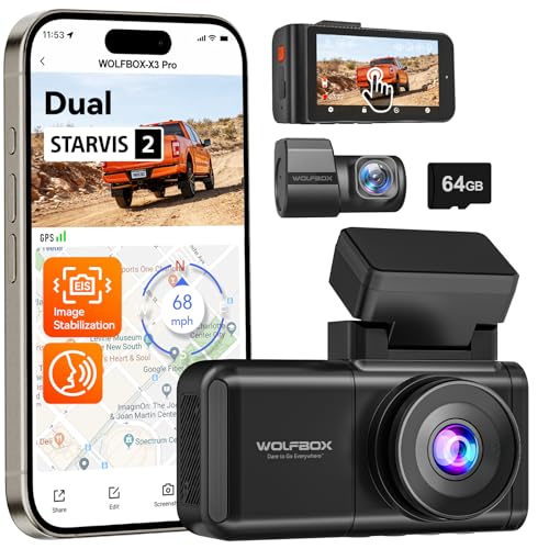 WOLFBOX X3 PRO Dash Cam Front and Rear, Dual STARVIS 2 IMX675, 1440P 60FPS+1440P ADAS Car Camera, EIS Image Stabilization with Ultra-Fast 5.8GHz WiFi, Voice Control & 3" Touch Screen, 64GB Card & GPS - Image 1