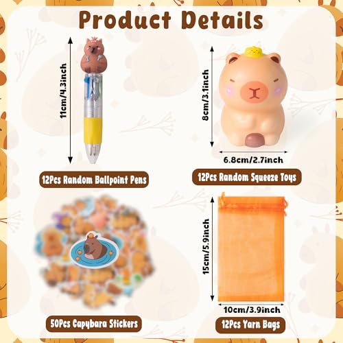 CY2SIDE 12 Pack Capybara Squeeze Toys Party Favor Gift Set Included Random Slow Rising Squishy Toys 4in1 Ballpoint Pen Stickers and Organza Bag Capybara Valentines Party Goodie Bag Fillers for Kid - Image 5