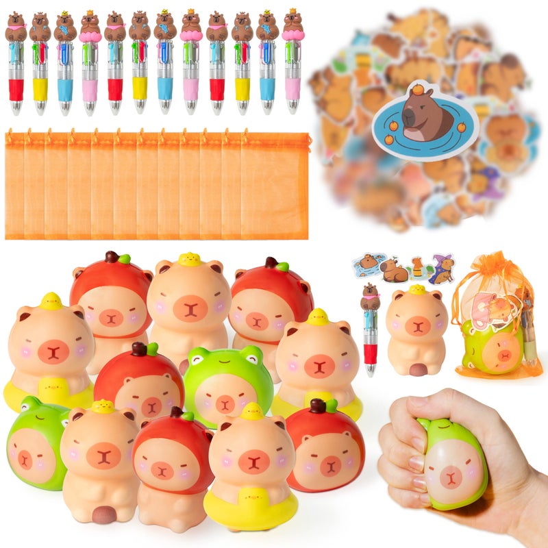 CY2SIDE 12 Pack Capybara Squeeze Toys Party Favor Gift Set Included Random Slow Rising Squishy Toys 4in1 Ballpoint Pen Stickers and Organza Bag Capybara Valentines Party Goodie Bag Fillers for Kid - Image 3