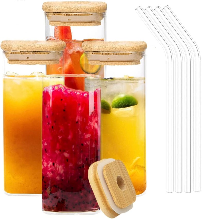 KHOLAD Glass Tumbler with Bamboo Lids and Straws 2pcs Set350ml Wide Mouth Drinking Beer Glasses Mason Reusable Sipper Bottle Iced CoffeeJuice Boba Tea Cup Transparent for Travel - Image 1