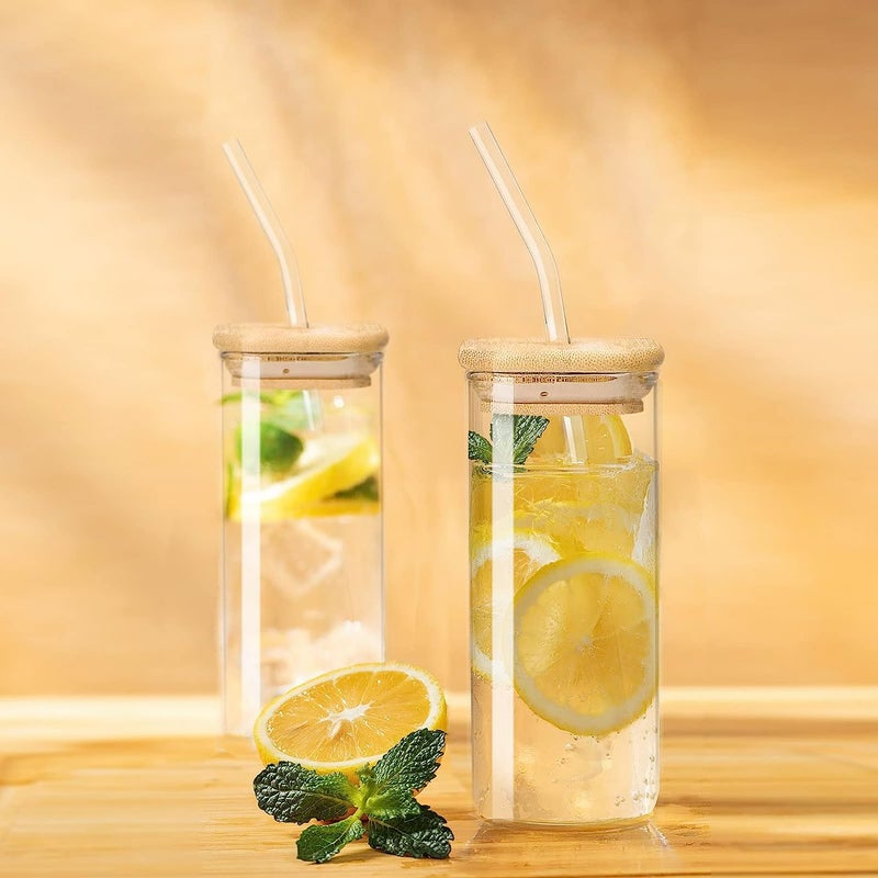 KHOLAD Glass Tumbler with Bamboo Lids and Straws 2pcs Set350ml Wide Mouth Drinking Beer Glasses Mason Reusable Sipper Bottle Iced CoffeeJuice Boba Tea Cup Transparent for Travel - Image 2