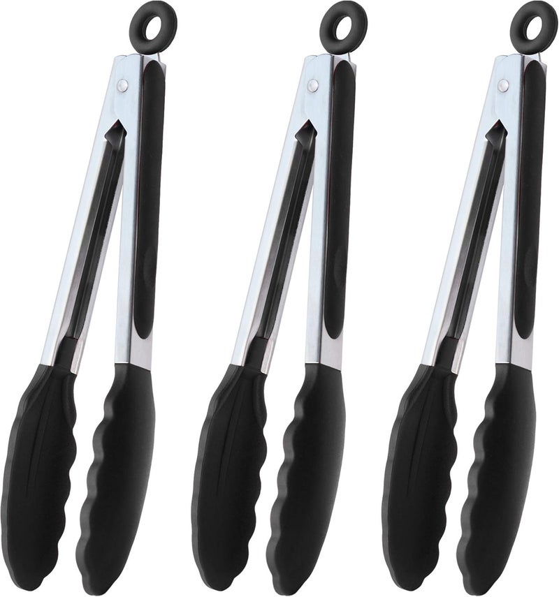 Hinmay Serving Tongs 9-Inch Cooking Tongs with Silicone Tips, Set of 3 (Black) - Image 1