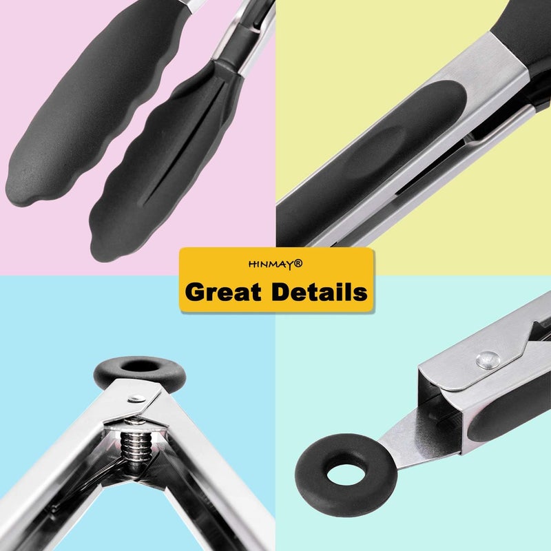 Hinmay Serving Tongs 9-Inch Cooking Tongs with Silicone Tips, Set of 3 (Black) - Image 4