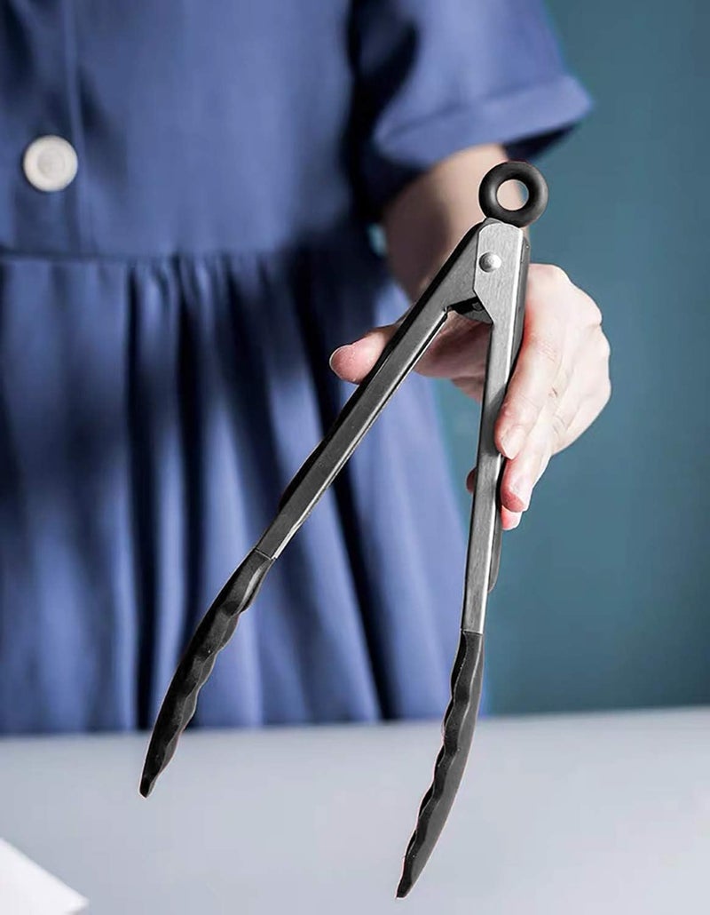 Hinmay Serving Tongs 9-Inch Cooking Tongs with Silicone Tips, Set of 3 (Black) - Image 5