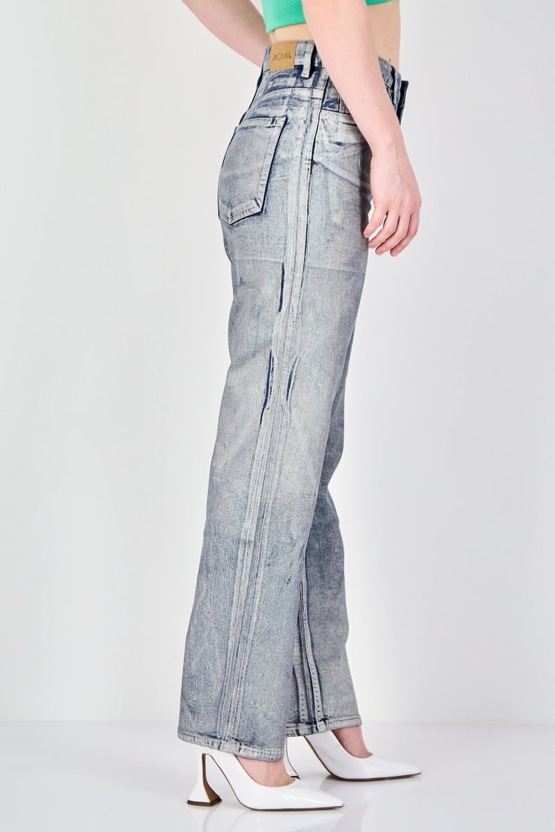 MONKI Women Straight Leg Fit Metallic Non Stretchable Jeans, Blue - Image 3