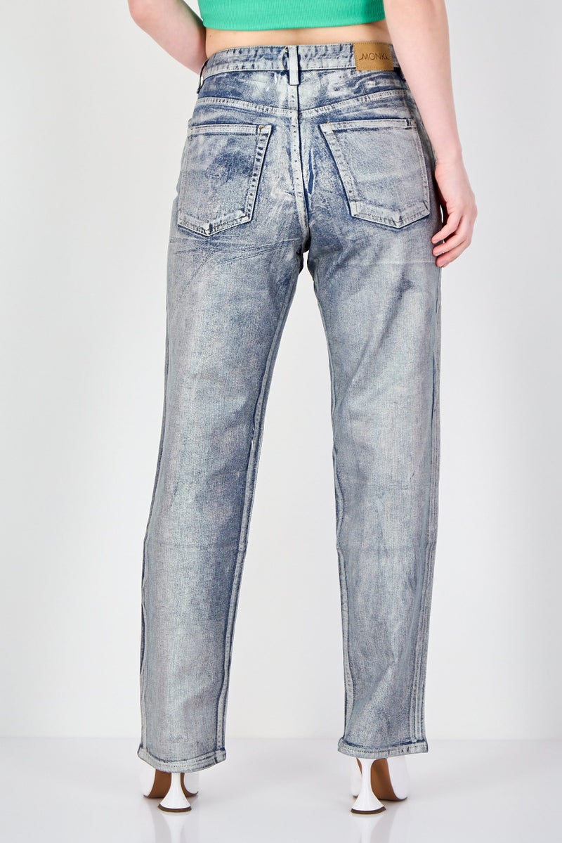 MONKI Women Straight Leg Fit Metallic Non Stretchable Jeans, Blue - Image 4
