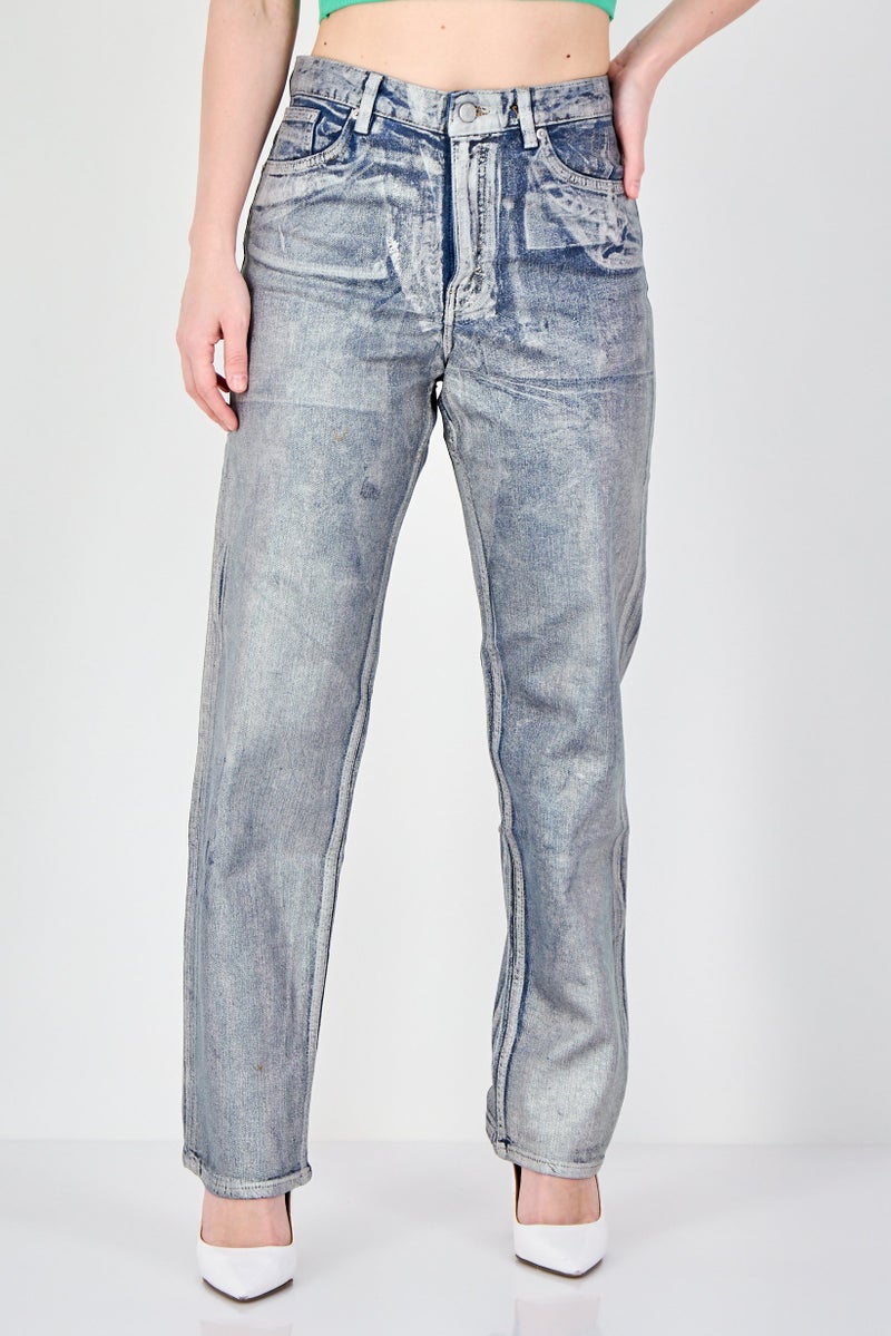 MONKI Women Straight Leg Fit Metallic Non Stretchable Jeans, Blue - Image 1