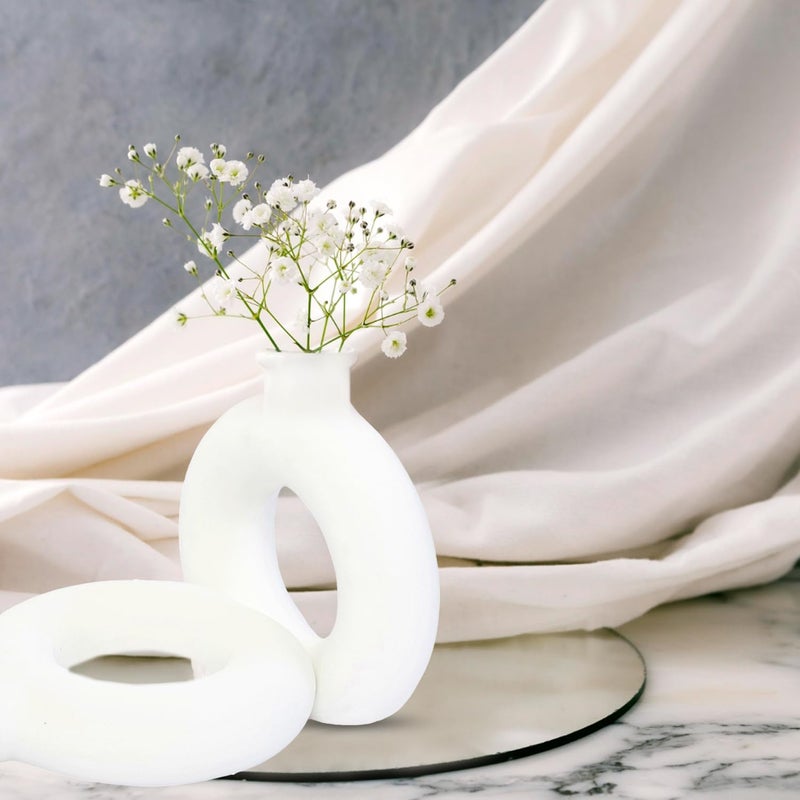 FreakwayWhite Ceramic Donut VaseFlower Vase Pampas Grass VaseVase Home Decor CentrepieceDecor Showpiece 6 Inches Pack of 2 - Image 3