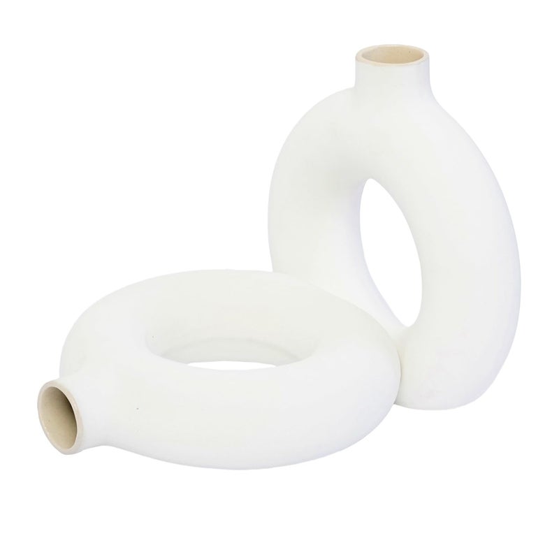 FreakwayWhite Ceramic Donut VaseFlower Vase Pampas Grass VaseVase Home Decor CentrepieceDecor Showpiece 6 Inches Pack of 2 - Image 4