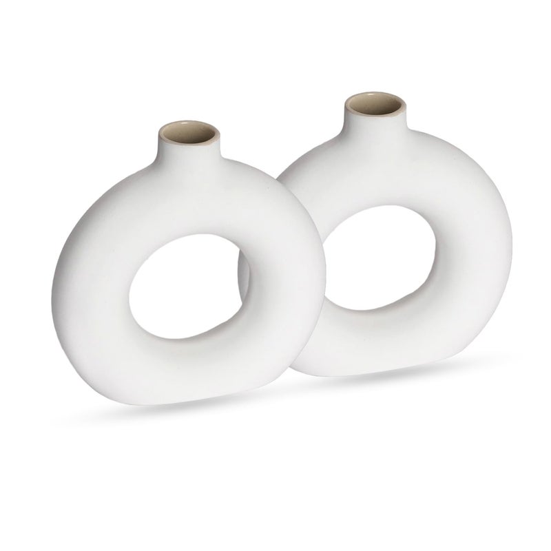 FreakwayWhite Ceramic Donut VaseFlower Vase Pampas Grass VaseVase Home Decor CentrepieceDecor Showpiece 6 Inches Pack of 2 - Image 5