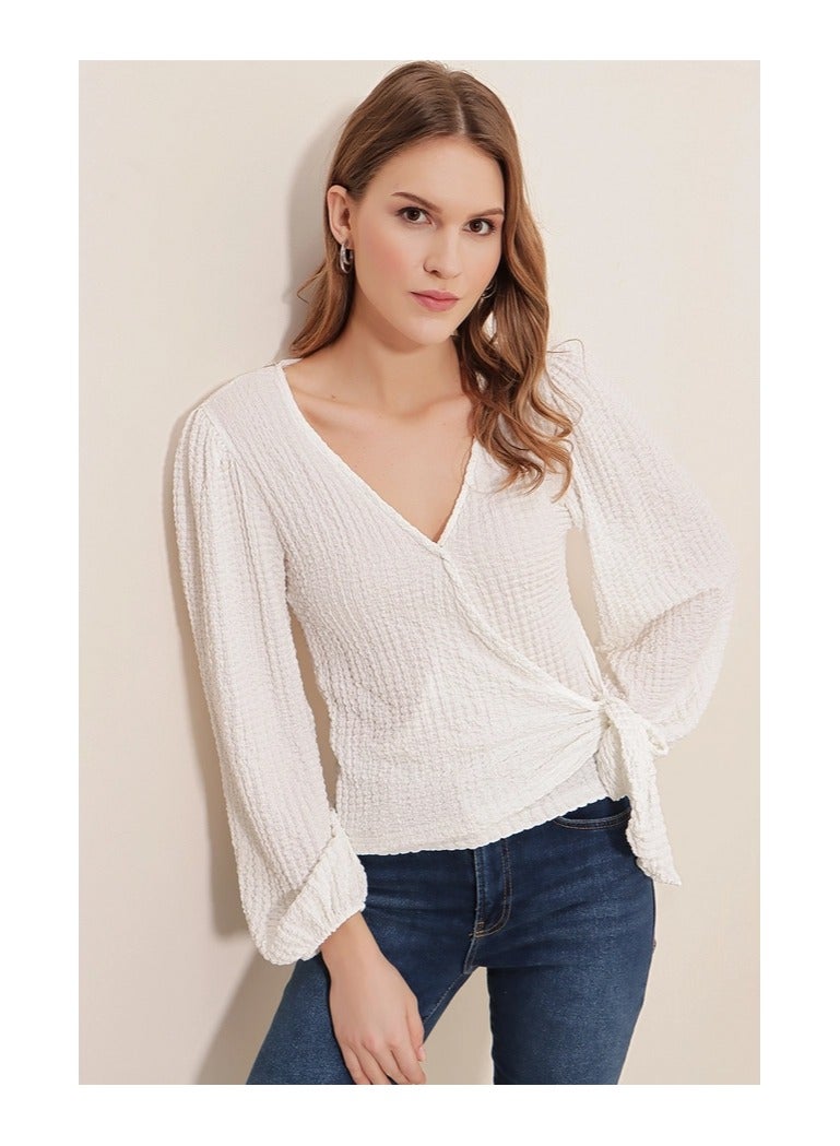 BIG DART White V Neck Blouse With Bow - Image 2