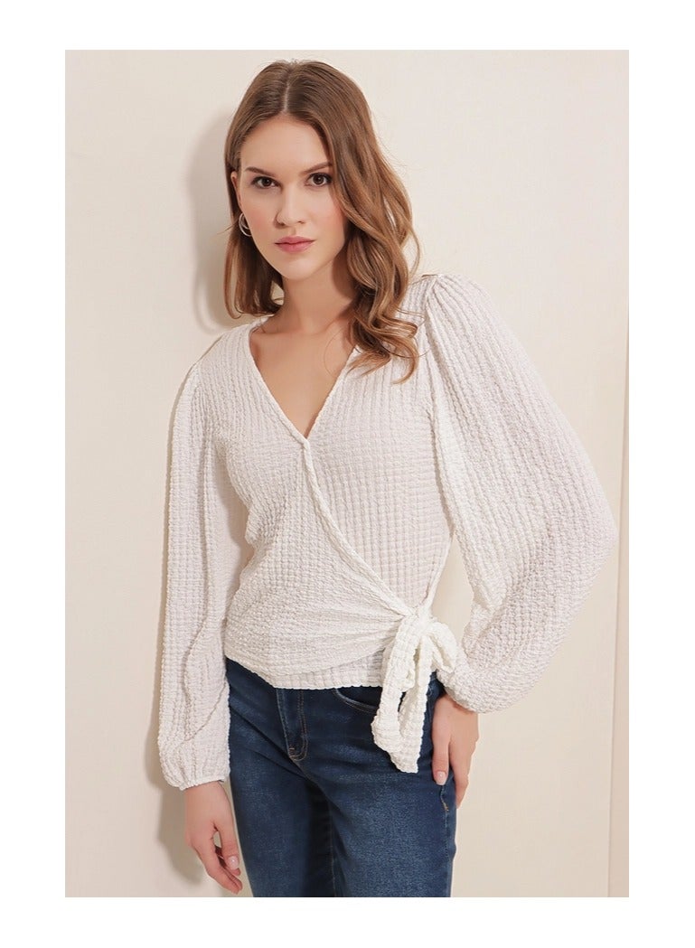 BIG DART White V Neck Blouse With Bow - Image 1