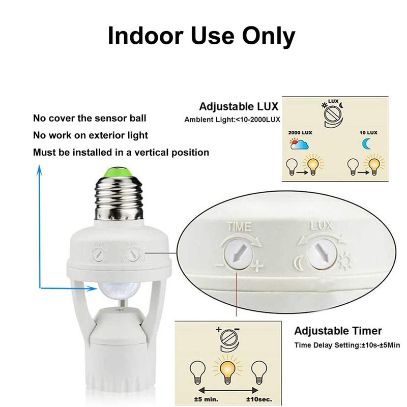 LPHUMEX 2pcs Motion Activated Light Sockets, E26/E27 Screw in Add on/Off Motion Sensor Sockets for Existing Lights, Dusk and Dawn Auto Motion Sensor Light Sockets Indoor for Porch Garage Basement - Image 3