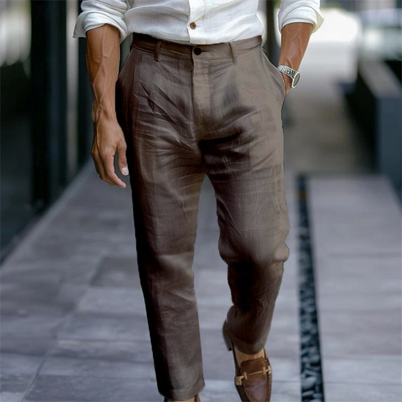 Men'S Youth Linen Solid Color Slant Pocket Daily Outdoor Breathable Casual Trousers - Image 1