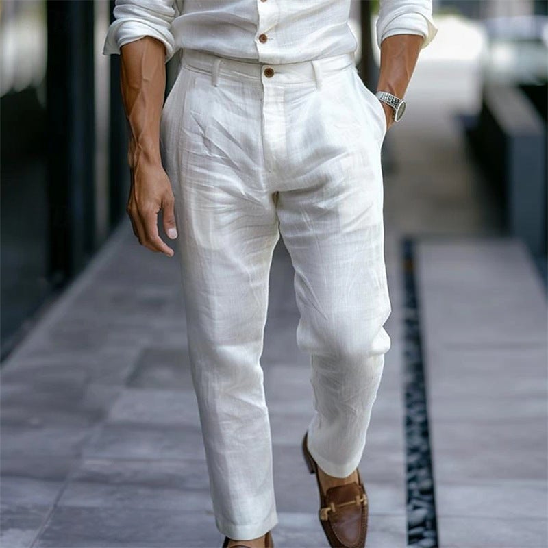 Men'S Youth Linen Solid Color Slant Pocket Daily Outdoor Breathable Casual Trousers - Image 3
