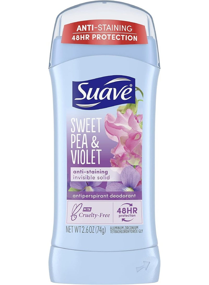 Suave Sweet Pea & Violet Anti-Staining Invisible Solid Antiperspirant Deodorant 74g | 48HR Sweat & Odor Protection | No White Marks | Fresh Floral Scent | Women Deodorant Stick - Image 1