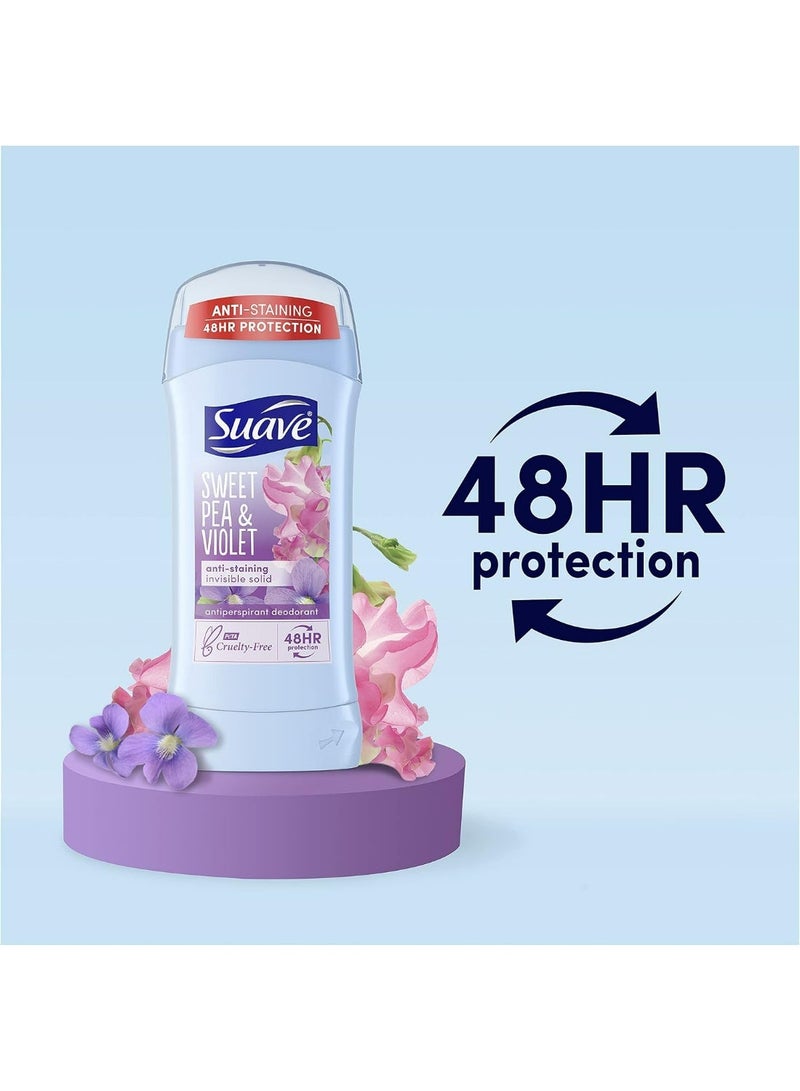 Suave Sweet Pea & Violet Anti-Staining Invisible Solid Antiperspirant Deodorant 74g | 48HR Sweat & Odor Protection | No White Marks | Fresh Floral Scent | Women Deodorant Stick - Image 2