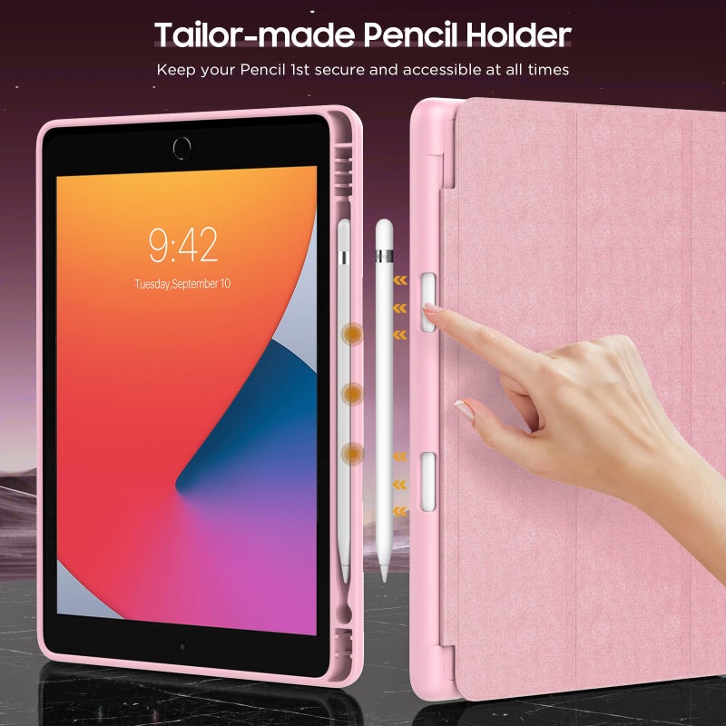 MoKo Case for iPad 9th Generation 2021 / iPad 8th Generation 2020 / iPad 7th Generation 2019 with Pen Holder, iPad 10.2 Case with Soft TPU Back Stand Cover, Auto Wake/Sleep, Light Pink - Image 5