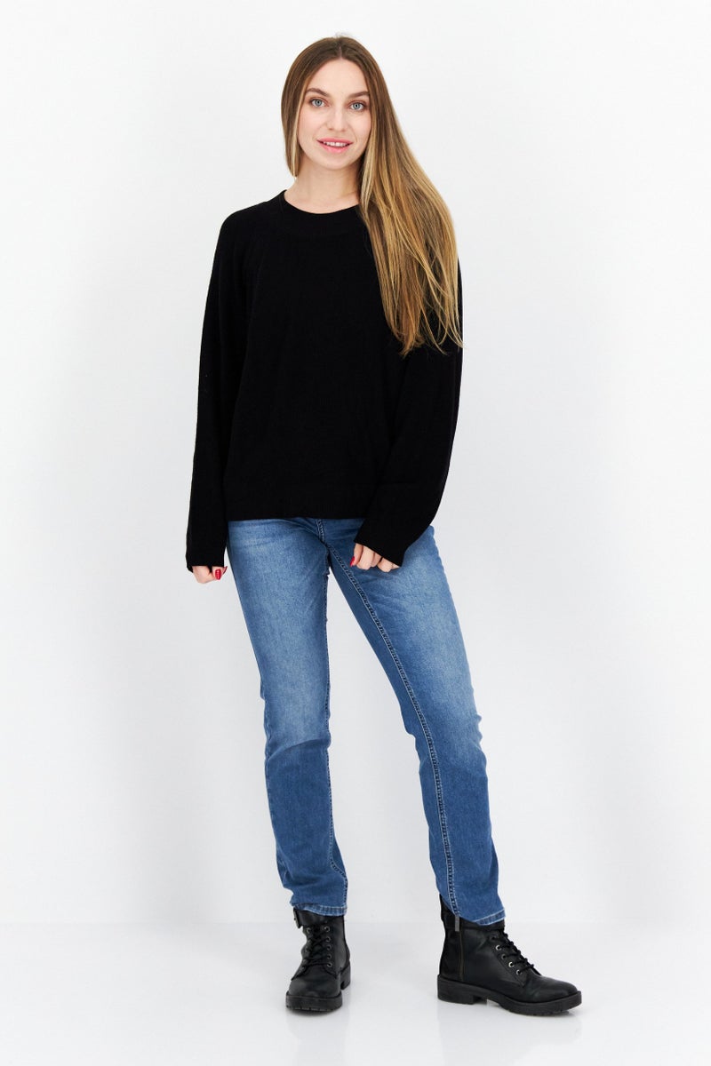 COMMA Women Crew Neck Long Sleeves Knitted Sweater, Black - Image 3