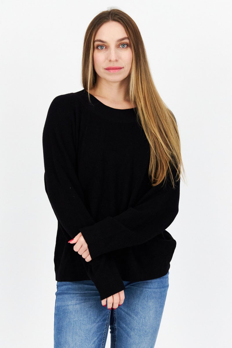 COMMA Women Crew Neck Long Sleeves Knitted Sweater, Black - Image 1
