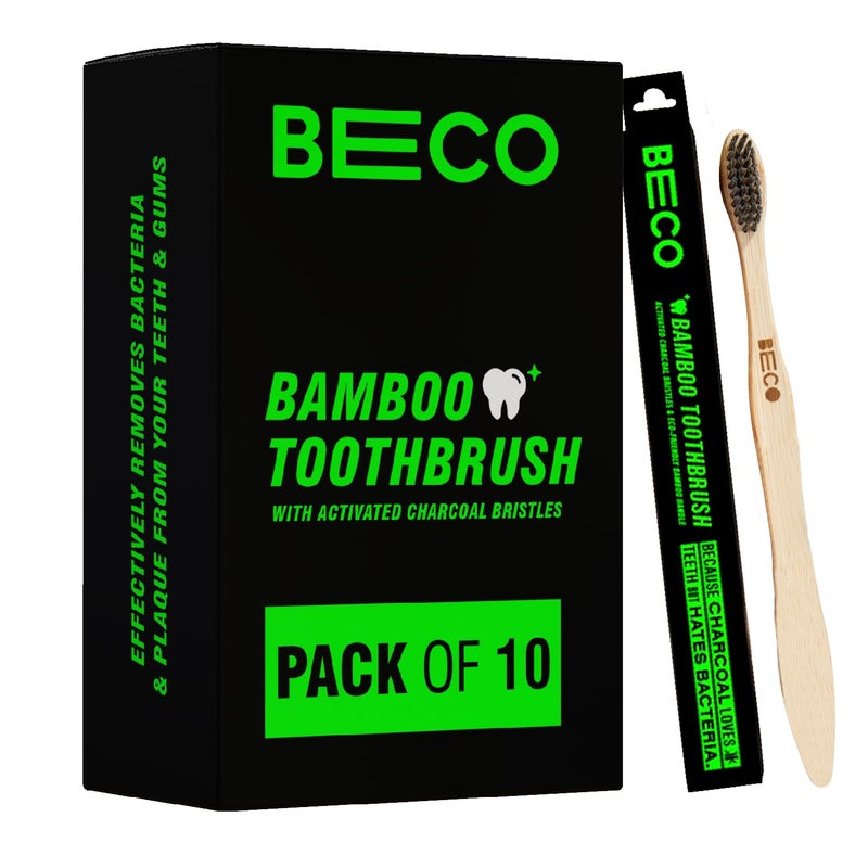 BECO Compostable Bamboo Toothbrush with Ultra-Soft Charcoal activated Bristles, 100% Natural & Eco-Friendly (Pack of 10) - Image 1