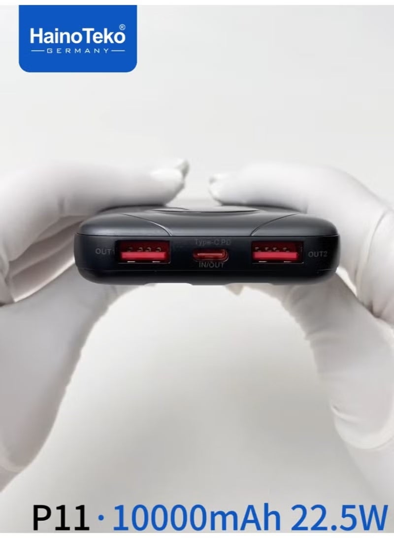 Haino Teko P11 10000mAh Portable Power Bank with 22.5W Fast Charging, LED Display, Built-in Cables & Multi-Device Support – Compact Black External Battery for Smartphones & Tablets - Image 4