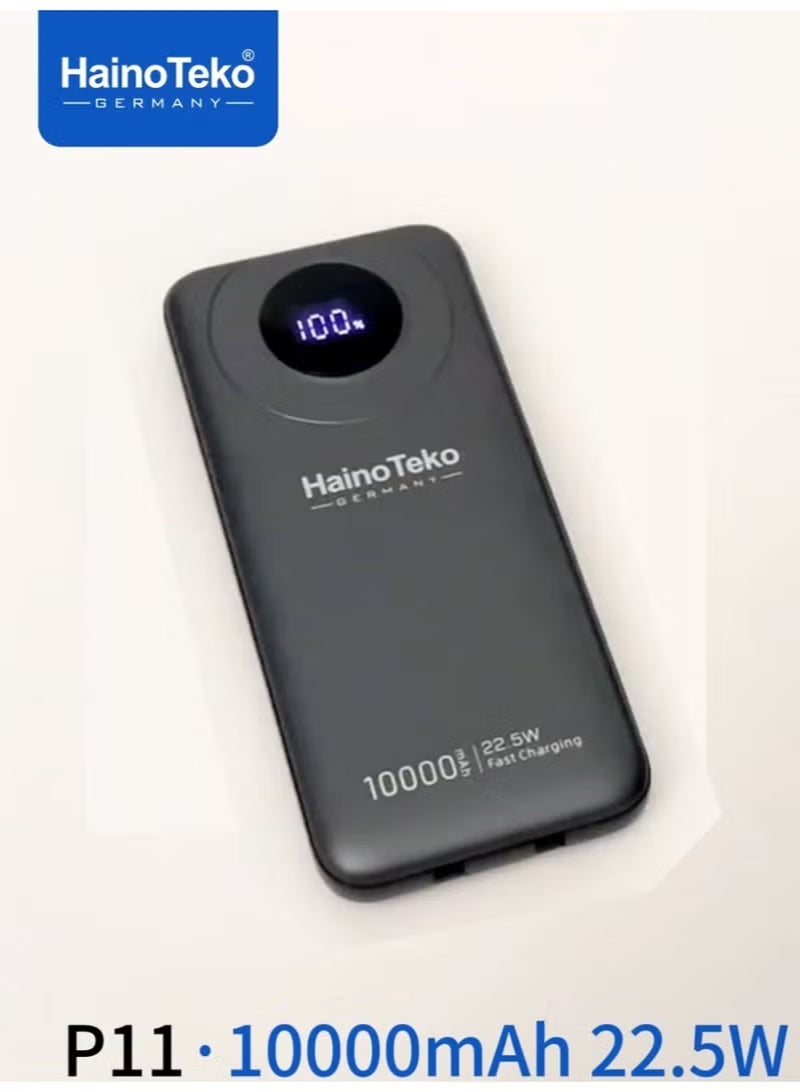 Haino Teko P11 10000mAh Portable Power Bank with 22.5W Fast Charging, LED Display, Built-in Cables & Multi-Device Support – Compact Black External Battery for Smartphones & Tablets - Image 1