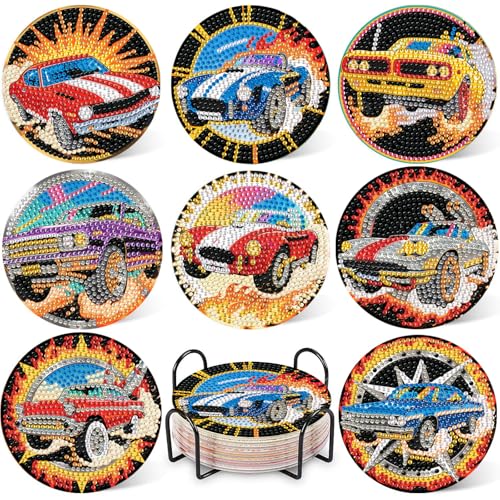 DOTZSO 8 Pcs Sports Car Diamond Art Coaster Kits with Holder,Diamond Painting Coasters for Adults Beginners,Party Home Decor Abstract,Fun Gifts for Women - Image 1