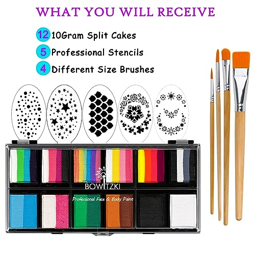 Bowitzki 12x10 gm Face Paint Professional Body Painting Kit For Kids Adults Stencil One Stroke Split Cake Non Toxic Rainbow Flora Dolphin Unicorn Flame Makeup Halloween Christmas Easter -Carnival Set - Image 5