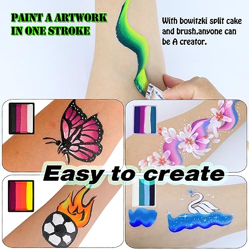 Bowitzki 12x10 gm Face Paint Professional Body Painting Kit For Kids Adults Stencil One Stroke Split Cake Non Toxic Rainbow Flora Dolphin Unicorn Flame Makeup Halloween Christmas Easter -Carnival Set - Image 4