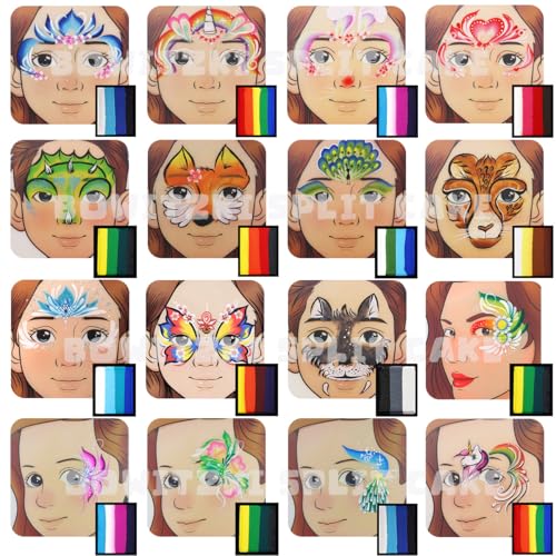 Bowitzki 12x10 gm Face Paint Professional Body Painting Kit For Kids Adults Stencil One Stroke Split Cake Non Toxic Rainbow Flora Dolphin Unicorn Flame Makeup Halloween Christmas Easter -Carnival Set - Image 2