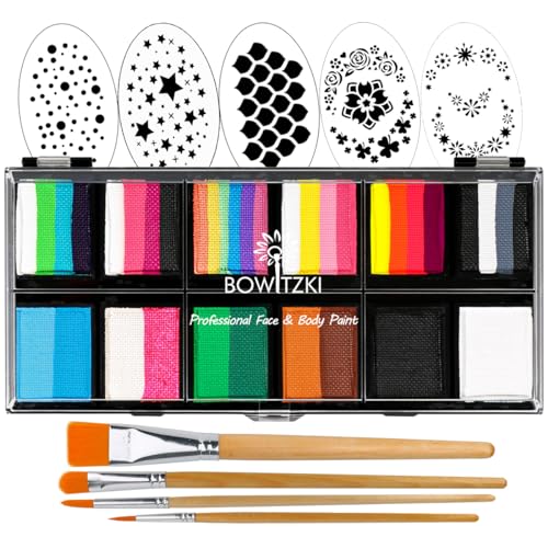 Bowitzki 12x10 gm Face Paint Professional Body Painting Kit For Kids Adults Stencil One Stroke Split Cake Non Toxic Rainbow Flora Dolphin Unicorn Flame Makeup Halloween Christmas Easter -Carnival Set - Image 1