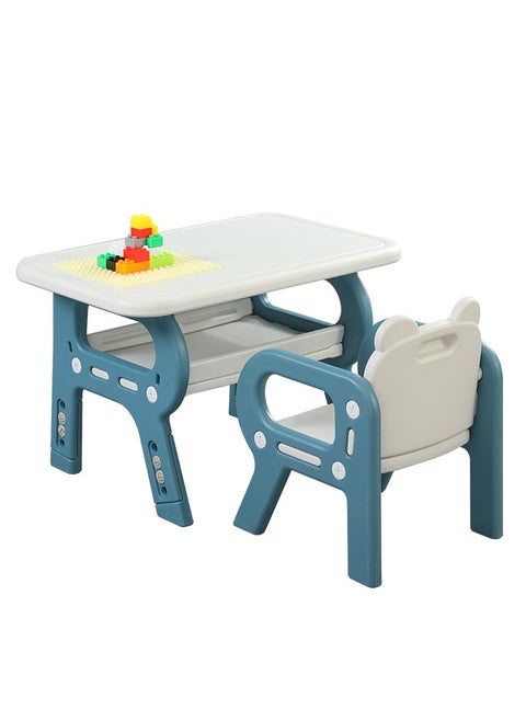 Multi-functional Children's Table And Chair Set With Storage Rack, Blue-White