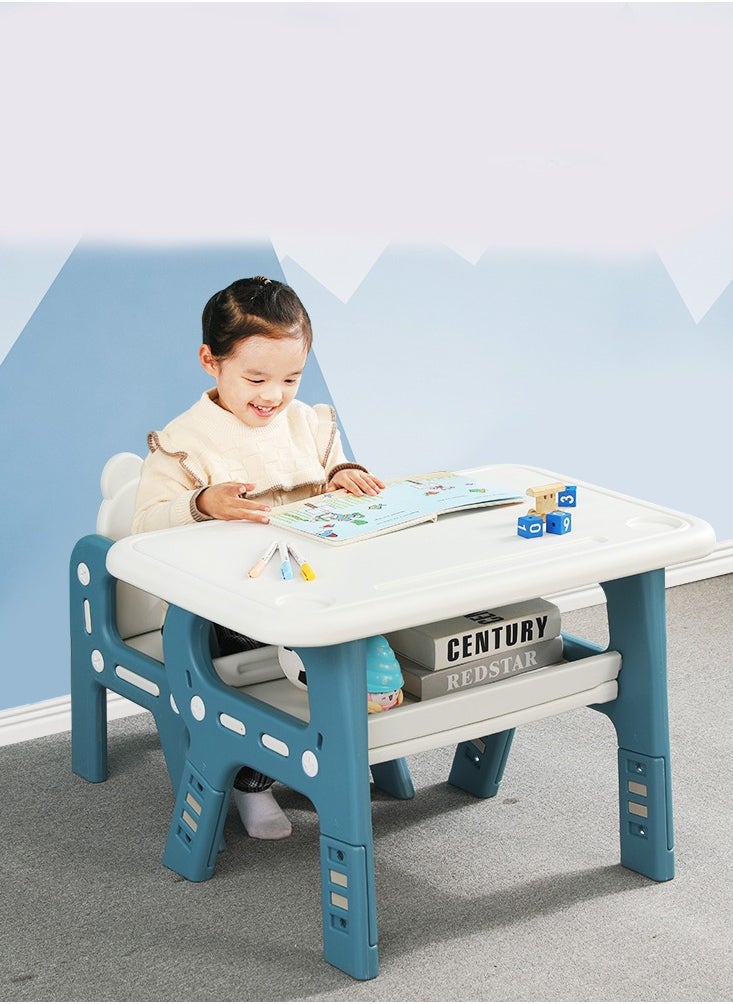 FULL JOY - Multi-functional Children's Table And Chair Set With Storage Rack, Blue-White - Image 1