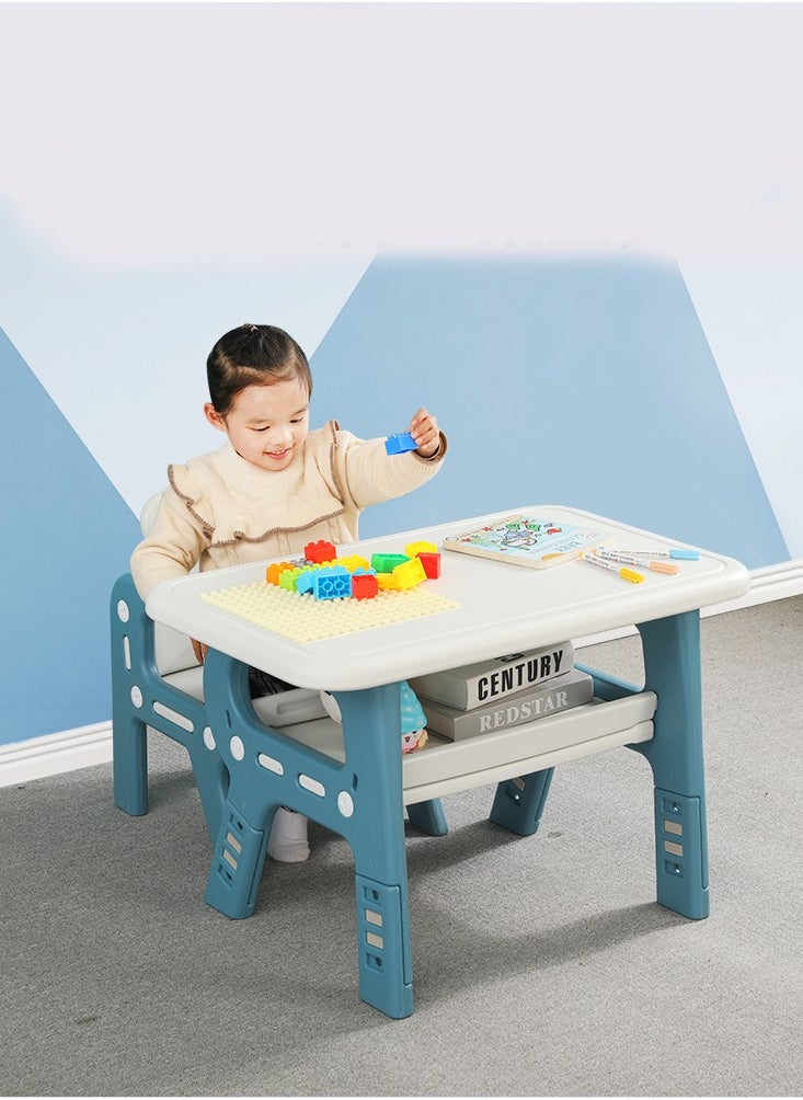 FULL JOY - Multi-functional Children's Table And Chair Set With Storage Rack, Blue-White - Image 1